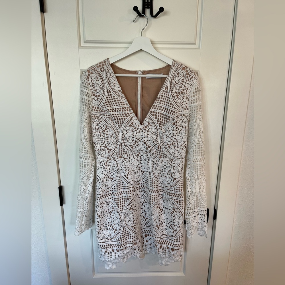 Do+Be long sleeve white crochet mini dress